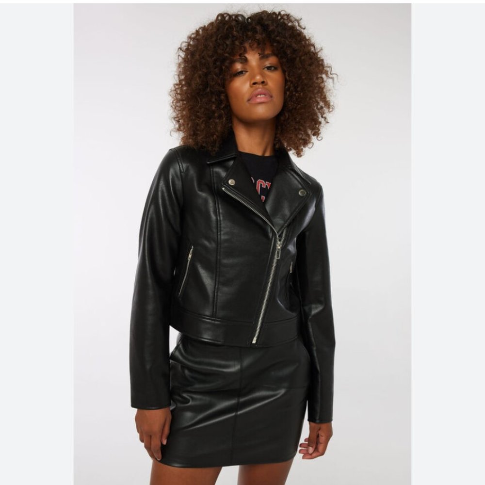 Ardene - Short Faux Leather Biker Jacket - Black - Small